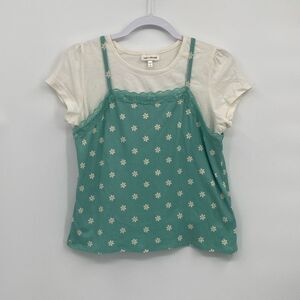 sugar & diamonds short sleeve shirt & tank green floral lace trim XL P petite